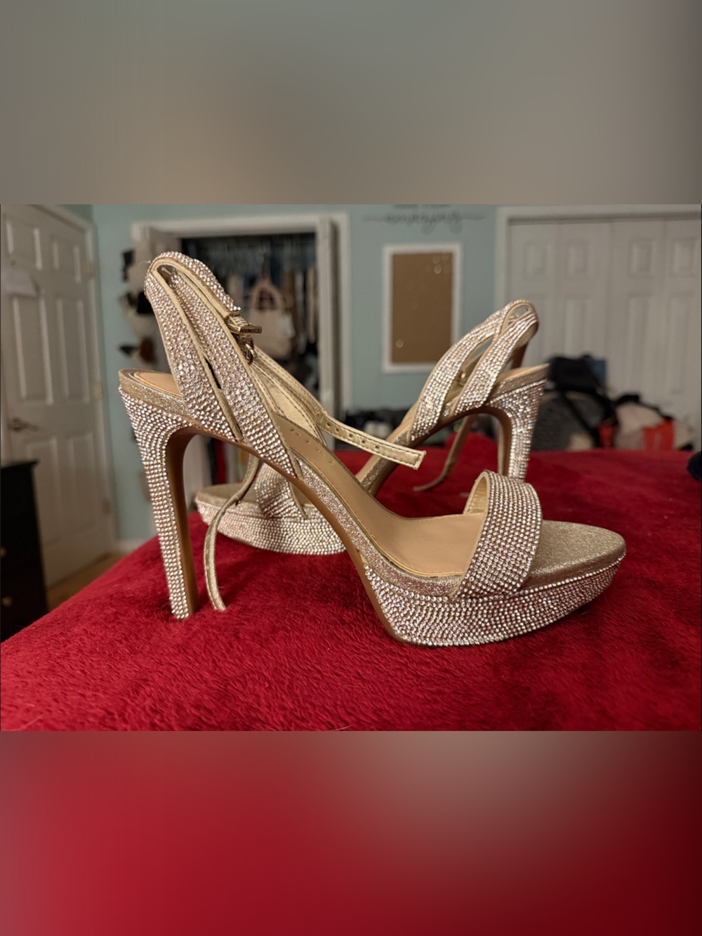 Gianni Bini Gold Crystal Platform Heels with Ankle Strap
